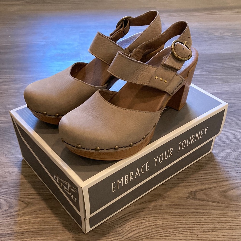 Dansko Taupe Mary Jane Block Heel Sandals